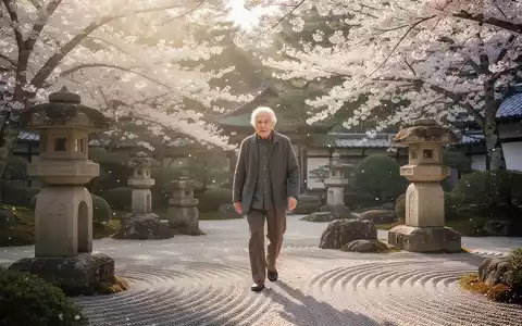 Eine ältere Person beim Intervall-Gehen in einem japanischen Garten, umgeben von Kirschblüten und traditionellen Elementen. - Foto: über boerse-global.de