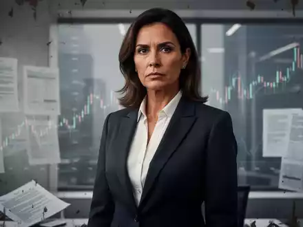 Dr. Liliana Santos, eine Frau in professioneller Kleidung, steht in einem Finanzbüro vor unscharfen Dokumenten und einer Aktienkurve. - Foto: über boerse-global.de