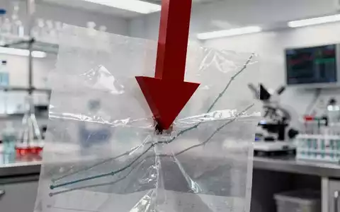 Ein roter, stark abwärts gerichteter Börsenpfeil durchbohrt einen transparenten Chart vor einem verschwommenen Laborhintergrund. - Foto: über boerse-global.de