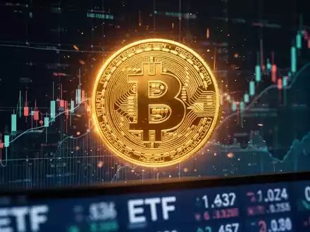 Ein goldenes Bitcoin-Symbol leuchtet über abstrakten Finanzdiagrammen und Datenströmen, die hohe Renditen und Marktaktivität andeuten. - Foto: über boerse-global.de