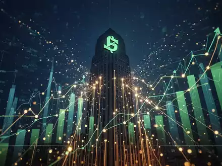 Abstrakte Darstellung von Finanzwachstum und Investitionen mit digitalen Diagrammen und einem Gebäude als Symbol für eine Bank. - Foto: über boerse-global.de