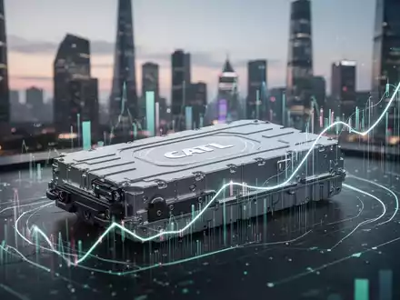 Ein moderner Elektrofahrzeug-Batteriepack umgeben von Datenvisualisierungen vor der Skyline eines Finanzviertels. - Foto: über boerse-global.de