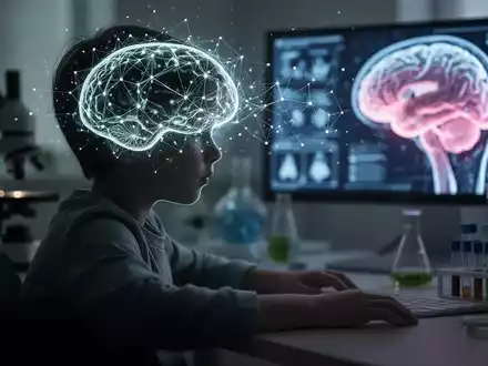 Kindersilhouette mit neuronalem Netzmuster am Kopf, umgeben von wissenschaftlichen Instrumenten und einem digitalen Gehirnscan, symbolisiert ADHS-Forschung. - Foto: über boerse-global.de