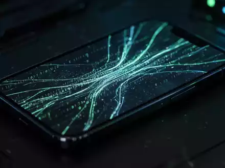 Nahaufnahme eines Smartphone-Bildschirms mit leuchtenden, abstrakten Linien und Binärcode, der eine digitale Schwachstelle darstellt. - Foto: über boerse-global.de
