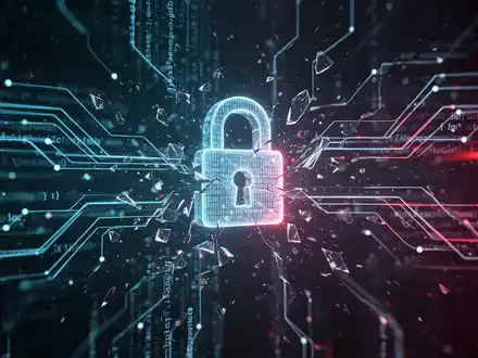 Abstraktes Bild, das Cybersicherheit darstellt, mit leuchtenden Codezeilen, die durch ein Netzwerk fließen, und einem zerbrechenden digitalen Schloss. - Foto: über boerse-global.de