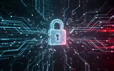 Abstraktes Bild, das Cybersicherheit darstellt, mit leuchtenden Codezeilen, die durch ein Netzwerk fließen, und einem zerbrechenden digitalen Schloss. - Foto: über boerse-global.de