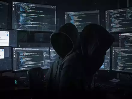 A shadowy hacker in a hoodie surrounded by computer screens displaying phishing emails and code, symbolizing cybercrime. - Foto: über boerse-global.de