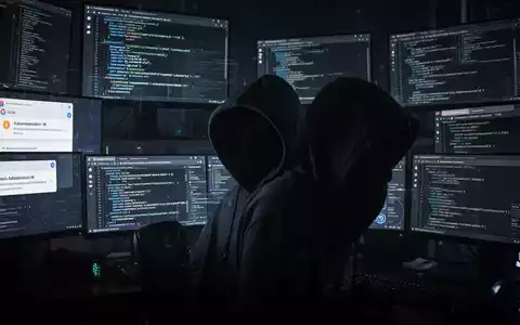 A shadowy hacker in a hoodie surrounded by computer screens displaying phishing emails and code, symbolizing cybercrime. - Foto: über boerse-global.de