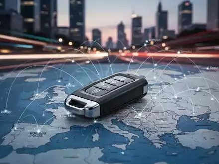 Ein moderner Autoschlüssel liegt auf einer stilisierten Europakarte, mit unscharfem Stadtbild im Hintergrund. - Foto: über boerse-global.de