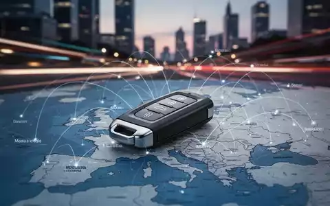 Ein moderner Autoschlüssel liegt auf einer stilisierten Europakarte, mit unscharfem Stadtbild im Hintergrund. - Foto: über boerse-global.de