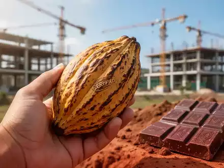 Eine Hand hält eine zertifizierte Kakaoschote. Im Hintergrund verschwommene nachhaltige Baustellen und eine Schokoladentafel. - Foto: über boerse-global.de