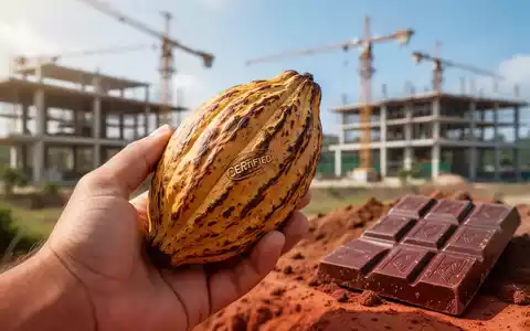 Eine Hand hält eine zertifizierte Kakaoschote. Im Hintergrund verschwommene nachhaltige Baustellen und eine Schokoladentafel. - Foto: über boerse-global.de