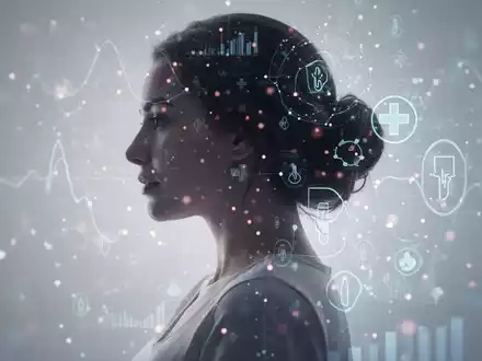 Eine stilisierte Frauensilhouette mit leuchtenden Datenpunkten und medizinischen Symbolen, die Forschung und Pharmazeutika in der Frauengesundheit darstellt. - Foto: über boerse-global.de