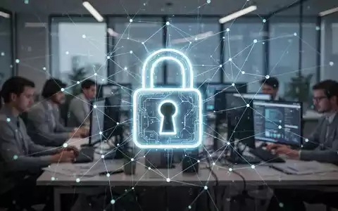 A glowing padlock icon over a digital network, with blurred office workers in the background, representing cybersecurity training and human behavior. - Foto: über boerse-global.de