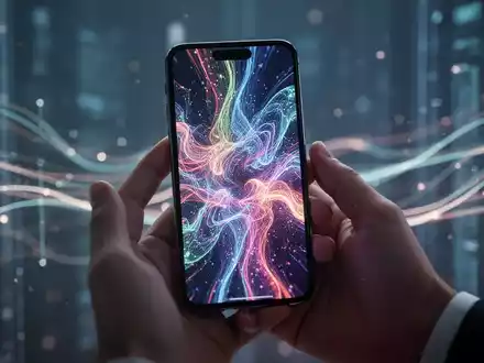 A hand holding a smartphone displaying a colorful, abstract generative AI image. The background is blurred with tech-inspired lines. - Foto: über boerse-global.de