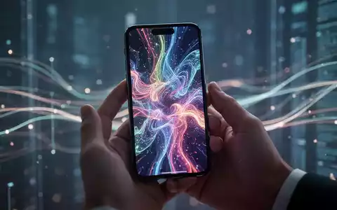 A hand holding a smartphone displaying a colorful, abstract generative AI image. The background is blurred with tech-inspired lines. - Foto: über boerse-global.de