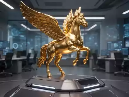 Eine goldene Pegasus-Statue auf einem futuristischen Sockel in einem modernen Technologiebüro. - Foto: über boerse-global.de