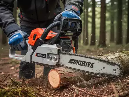 Nahaufnahme von behandschuhten Händen, die sicher eine Motorsäge in einem Wald bedienen, um ein kleines Holzstück zu schneiden. - Foto: über boerse-global.de