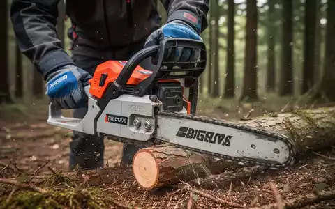 Nahaufnahme von behandschuhten Händen, die sicher eine Motorsäge in einem Wald bedienen, um ein kleines Holzstück zu schneiden. - Foto: über boerse-global.de