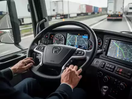 Innenansicht eines modernen LKW-Fahrerhauses mit Fokus auf Lenkrad und digitale Bildschirme, die Routeninformationen anzeigen. - Foto: über boerse-global.de