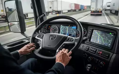 Innenansicht eines modernen LKW-Fahrerhauses mit Fokus auf Lenkrad und digitale Bildschirme, die Routeninformationen anzeigen. - Foto: über boerse-global.de