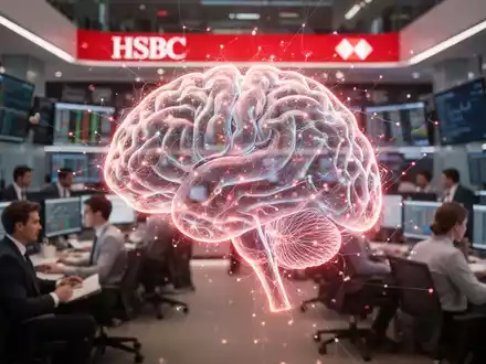 A glowing, abstract neural network graphic superimposed over a blurred financial trading floor, symbolizing AI integration in banking. - Foto: über boerse-global.de