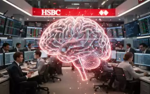 A glowing, abstract neural network graphic superimposed over a blurred financial trading floor, symbolizing AI integration in banking. - Foto: über boerse-global.de
