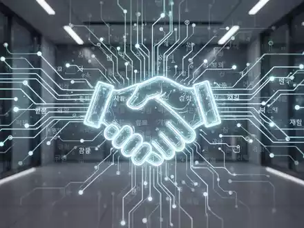 A stylized digital handshake over a backdrop of glowing neural network lines with subtle Korean characters, symbolizing AI safety cooperation. - Foto: über boerse-global.de