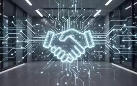 A stylized digital handshake over a backdrop of glowing neural network lines with subtle Korean characters, symbolizing AI safety cooperation. - Foto: über boerse-global.de