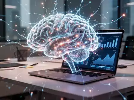 Ein stilisiertes, leuchtendes KI-Gehirn über einem modernen Schreibtisch mit Laptop, das die Integration von KI in die Unternehmensproduktivität symbolisiert. - Foto: über boerse-global.de