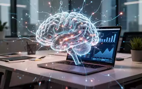 Ein stilisiertes, leuchtendes KI-Gehirn über einem modernen Schreibtisch mit Laptop, das die Integration von KI in die Unternehmensproduktivität symbolisiert. - Foto: über boerse-global.de