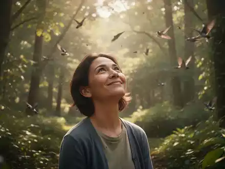 Eine Person genießt die Ruhe in einem sonnigen Wald, umgeben von Bäumen, was Gelassenheit und Wohlbefinden ausstrahlt. - Foto: über boerse-global.de