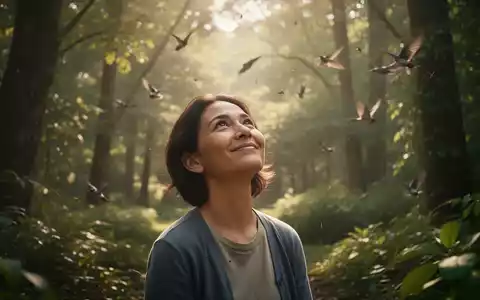 Eine Person genießt die Ruhe in einem sonnigen Wald, umgeben von Bäumen, was Gelassenheit und Wohlbefinden ausstrahlt. - Foto: über boerse-global.de