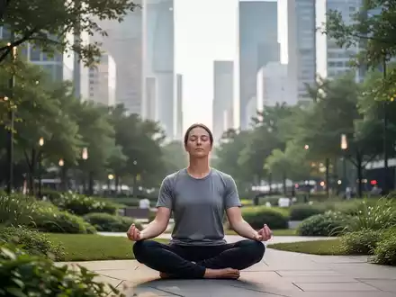 Eine Person meditiert oder atmet tief in einem modernen Stadtpark mit viel Grün und einer unscharfen Skyline im Hintergrund. - Foto: über boerse-global.de