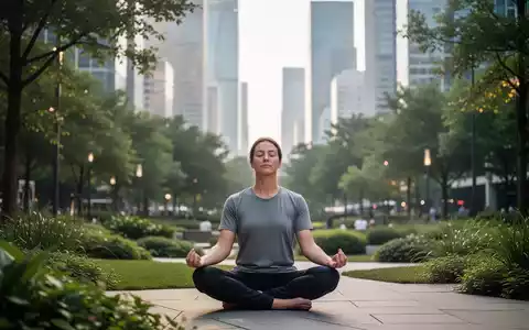 Eine Person meditiert oder atmet tief in einem modernen Stadtpark mit viel Grün und einer unscharfen Skyline im Hintergrund. - Foto: über boerse-global.de