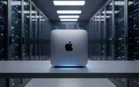 A modern Apple Mac Studio computer on a desk, with a blurred background of a server room, symbolizing remote management. - Foto: über boerse-global.de