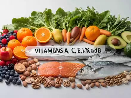 Eine Nahaufnahme einer bunten Anordnung von frischem Obst, Gemüse, Nüssen und Fisch, die Vitamine für gesunde Haut symbolisieren. - Foto: über boerse-global.de