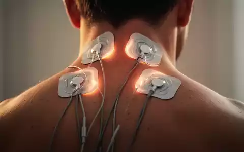 Nahaufnahme des oberen Rückens und Nackens einer Person mit TENS-Elektroden, die sanft leuchten und therapeutische Wärme andeuten. - Foto: über boerse-global.de