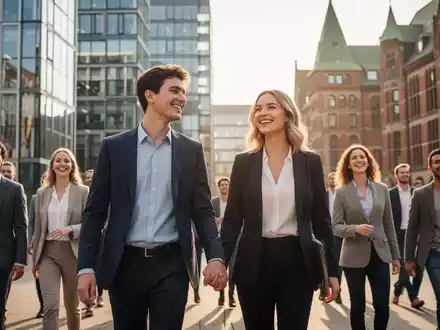 Eine Gruppe lächelnder Menschen in Hamburg, die an modernen und historischen Gebäuden vorbeigeht, symbolisiert wirtschaftliches Wachstum. - Foto: über boerse-global.de