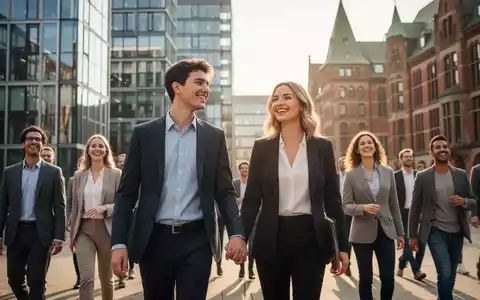 Eine Gruppe lächelnder Menschen in Hamburg, die an modernen und historischen Gebäuden vorbeigeht, symbolisiert wirtschaftliches Wachstum. - Foto: über boerse-global.de