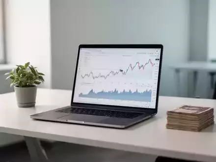 Ein minimalistischer Schreibtisch mit Laptop, der Finanzdiagramme anzeigt, einem kleinen Blumentopf und einem Stapel Banknoten. - Foto: über boerse-global.de
