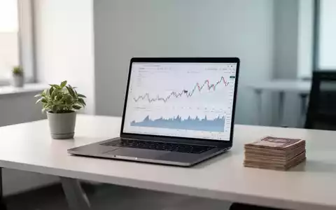 Ein minimalistischer Schreibtisch mit Laptop, der Finanzdiagramme anzeigt, einem kleinen Blumentopf und einem Stapel Banknoten. - Foto: über boerse-global.de