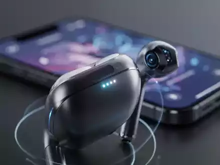 A futuristic Apple earbud with a glowing light, connected to a blurred, borderless smartphone display. - Foto: über boerse-global.de