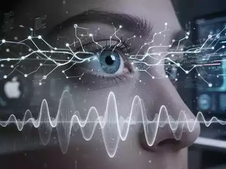 Ein stilisiertes neuronales Netzwerk verbindet ein Auge mit digitalen Datenströmen, darüber schwebt eine Siri-Wellenform. - Foto: über boerse-global.de