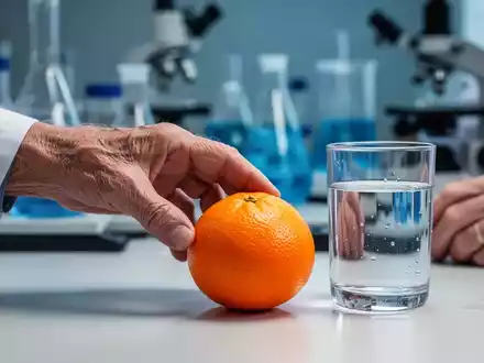 Eine Hand greift nach einer Orange neben einem Glas Wasser, im Hintergrund verschwommenes Forschungsequipment. - Foto: über boerse-global.de