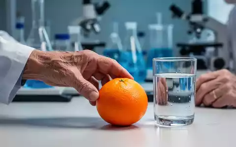 Eine Hand greift nach einer Orange neben einem Glas Wasser, im Hintergrund verschwommenes Forschungsequipment. - Foto: über boerse-global.de