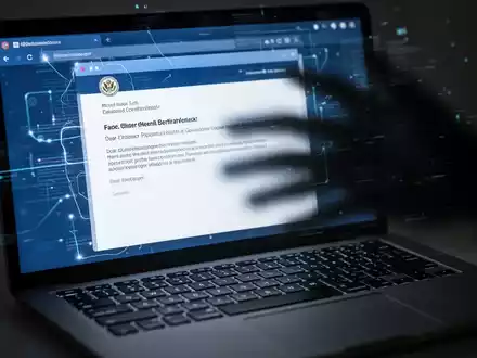 Close-up of a laptop keyboard with a glowing, distorted email interface on the screen, showing a fake email from a government entity. - Foto: über boerse-global.de