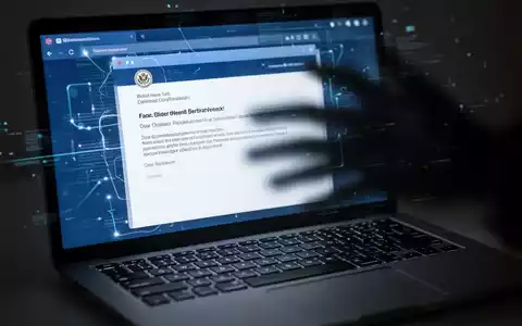 Close-up of a laptop keyboard with a glowing, distorted email interface on the screen, showing a fake email from a government entity. - Foto: über boerse-global.de