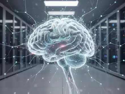 A glowing neural network converging on a digital brain, with a blurred modern innovation hub in the background, symbolizing AI strategy. - Foto: über boerse-global.de