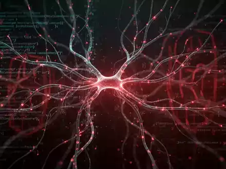 Digital neural networks and glowing code lines against a dark, abstract background with a red ominous hue, symbolizing AI cyber threats. - Foto: über boerse-global.de